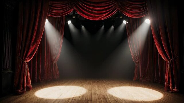 An empty theater stage with red velvet curtains and spotlights shining on a wooden floor