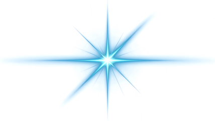 Blue starburst sparkle isolated on transparent background, glowing sharp light rays and shine effect