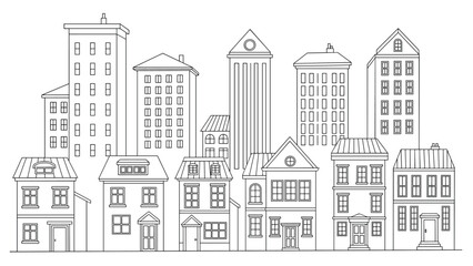 Fototapeta premium detailed architectural line drawing showing a group of diverse city buildings and residential houses in a row.