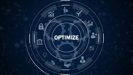 Conceptual digital interface with the word OPTIMIZE at its heart, surrounded by business and gear on a dark blue background - Powered by Adobe