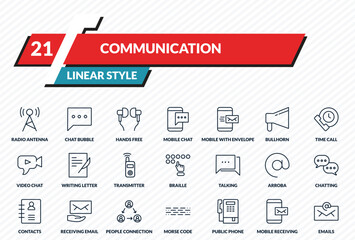 communication icons set - radio antenna, chat bubble, hands free, mobile receiving email, emails outline vector collection. © IconArt