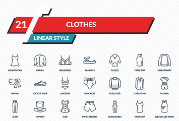 clothes icons set - nightwear, parka, brassiere, tanktop, sleeveless shirt outline vector collection. © IconArt