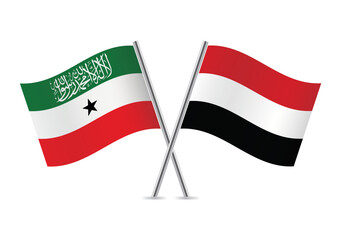 Somaliland and Yemen crossed flags on a white background. Vector illustration.
