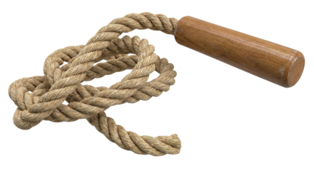 Natural Fiber Rope with Wooden Handle Tied in a Knot for Pulling or Winding isolated on transparent background