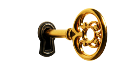 Ornate antique golden key inserted into a dark antique keyhole symbolizing security and access isolated on transparent background