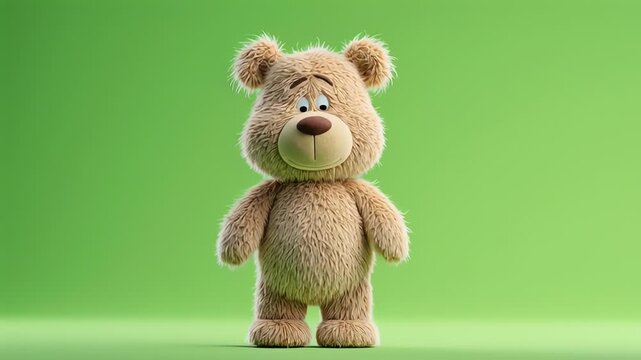 Happy Animated Teddy Bear Standing on Green Background