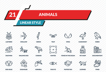 animals icons set - ladybird, swallow, heron, leopard, pond outline vector collection. © IconArt
