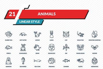 animals icons set - globe fish, ant eater, lemur, sloth, hedgehog outline vector collection. © IconArt