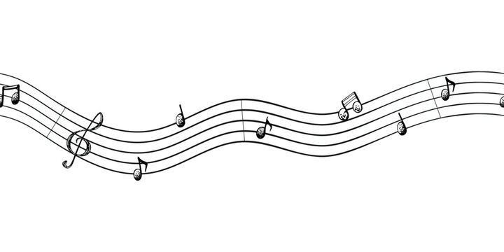 A seamless graphic border with musical notes. The illustration is hand-drawn in ink. The image has a simple, childish style and is perfect for World Music Day cards and music notebooks.