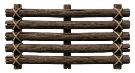 Rustic Wooden Fence Sections Bound With Natural Rope Texture Wood Structure isolated on transparent background