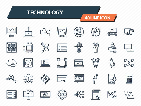 technology icons set - self-closing tag, growth hacking, elements, mood board, kerning outline vector collection.
