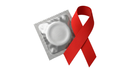 Single Condom Package and Red Ribbon Symbol for HIV AIDS Awareness isolated on transparent background
