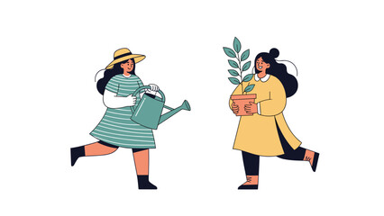 Naklejka premium Two women gardening together with one carrying a watering can and the other holding a potted plant in a flat illustration.