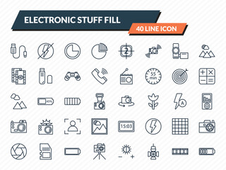 electronic stuff fill icons set - usb cable, flash off, three quarters, film strip, half battery outline vector collection. © IconArt