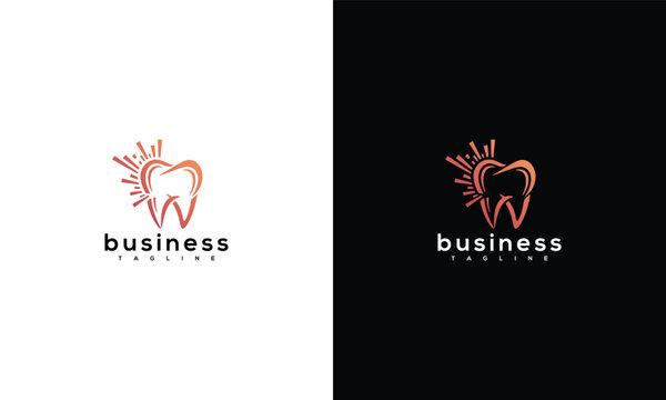 Dental care logo design concept featuring a tooth and sunburst on white and black backgrounds from a straightforward viewpoint
