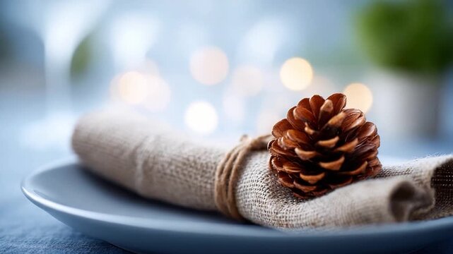 Elegant Table Setting with Pinecone: This image features a beautifully arranged table setting, with a rolled napkin adorned with a charming pinecone.