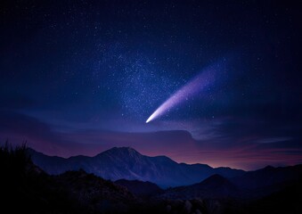 Luminous comet streaks across dark, starry sky above a silhouetted mountain range