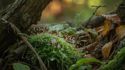 Macro photography of magical glowing mushrooms and moss with dew drops on forest floor