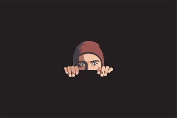 Flat vector illustration of man peeking from behind with hands visible, curious and cautious expression, mystery and spying concept, minimal style on black background.