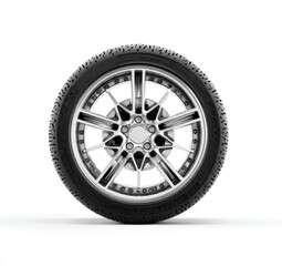 Obraz premium Tire view, with metal spoked rim against solid white backdrop, side view
