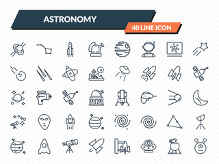 astronomy icons set - quasar, ursa major, space shuttle, space robot, alien outline vector collection. © IconArt