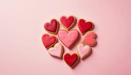 Fototapeta premium assortment of heart-shaped cookies in red and pink tones on a pink backdrop, love, Valentine’s, dessert, sweet treat, bakery product.