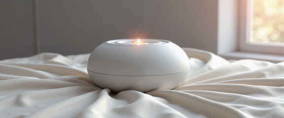 High-end white noise machine with monolithic design on silk sheets  
