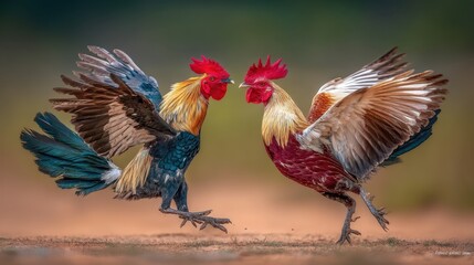 Fototapeta premium Two Colorful Roosters Engaged in Intense Combat Displaying Vibrant Feathers in a Natural Setting