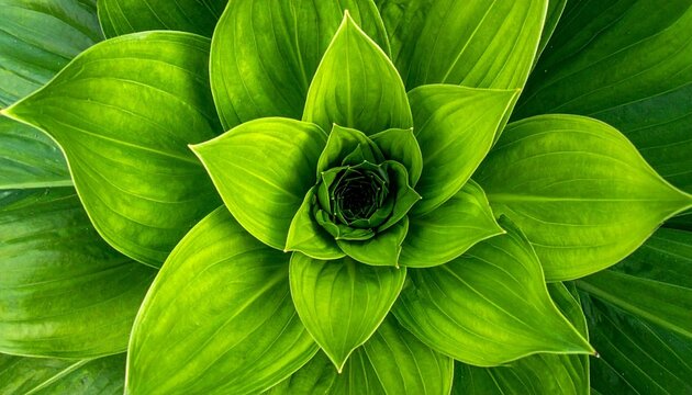 Close-up of spiral green plant with broad leaves and prominent veins in symmetrical natural pattern.