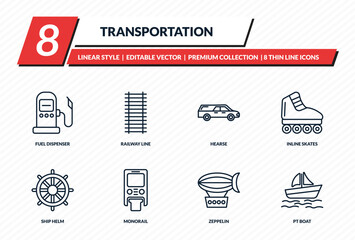 transportation icons set - fuel dispenser, railway line, hearse, inline skates, pt boat outline vector collection. © IconArt