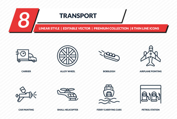 Naklejka premium transport icons set - carrier, alloy wheel, bobsleigh, airplane pointing up, petrol station outline vector collection.