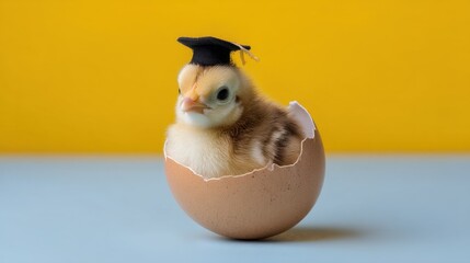 Cute chick wearing graduation cap emerging from eggshell on yellow background showcasing success and new beginnings