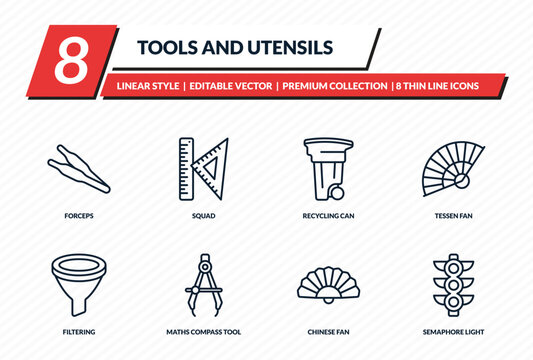 tools and utensils icons set - forceps, squad, recycling can, tessen fan, semaphore light outline vector collection.