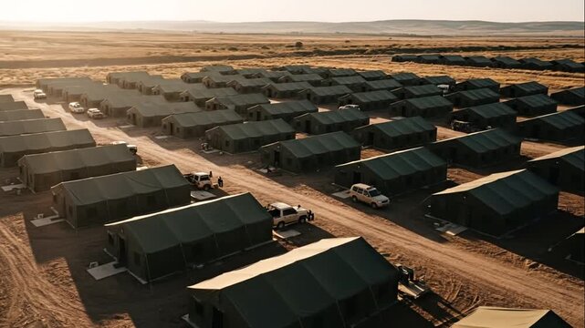 Aerial View of a Large Military or Refugee Camp with Rows of Tents and Vehicles