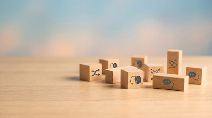 Diverse communication, idea exchange, and problem-solving concepts depicted with wooden blocks