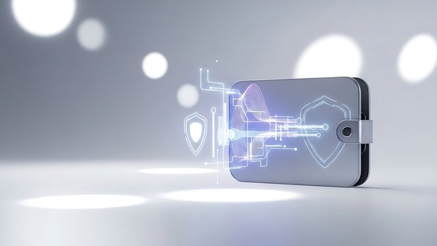 A sleek digital wallet device with glowing blue security shields and circuit patterns emanating from it, symbolizing secure online transactions and data protection in a modern, abstract setting. - Powered by Adobe