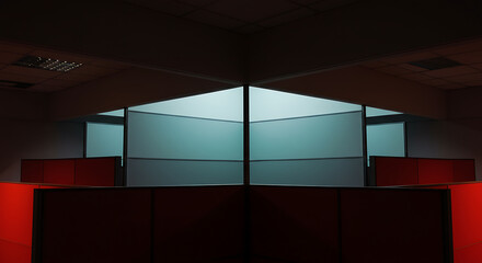 empty office cubicles with modern corporate interior design glowing frosted glass partitions creating a quiet low light workspace.