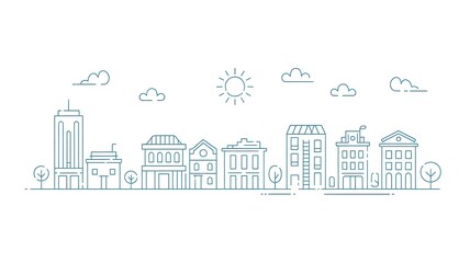 Obraz premium Contemporary City Outline Illustration: Urban Landscape with Sun & Clouds Vector