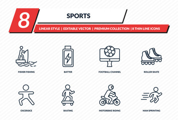 sports icons set - fisher fishing, batter, football channel, roller skate, man sprinting outline vector collection.