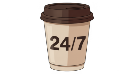Brown disposable coffee cup with 24/7 text disposable cup isolated on a transparent background