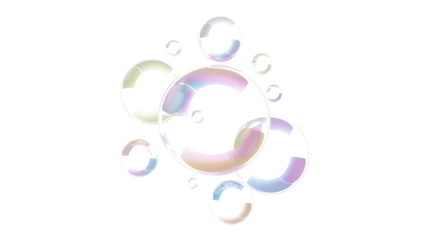 Floating transparent soap bubbles isolated on transparent background, iridescent bubble circle overlay