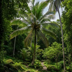 Lush Tropical Paradise - Coconut Palm Tree in a Verdant Jungle.