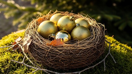 Fototapeta premium Golden Christmas ornaments in a bird nest on moss