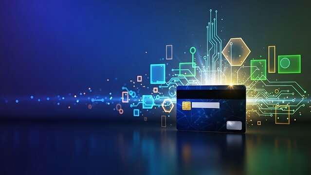 Digital credit card with glowing data streams and circuit board elements representing secure online transactions. - Powered by Adobe