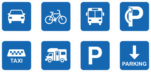 Transportation parking service icon set including car bicycle bus taxi symbols isolated vector illustration for traffic signage design © MstBabli