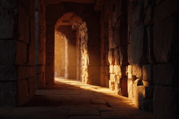 Ancient Stone Corridor Bathed in Sunlight, Historic Passage, Lost Temple