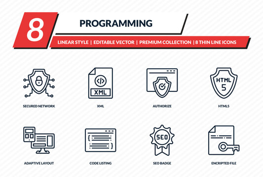 programming icons set - secured network, xml, authorize, html5, encripted file outline vector collection.