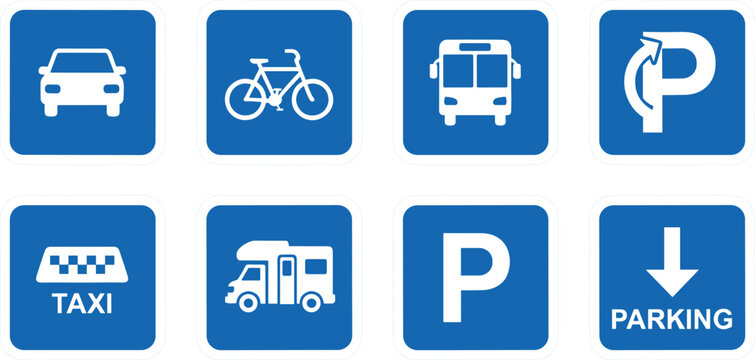 Transportation parking service icon set including car bicycle bus taxi symbols isolated vector illustration for traffic signage design