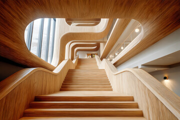 Light oak staircase forming an impossible continuous loop with smooth edges in bright modern interior