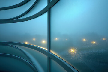 Fogged glass background with overlapping clear geometric cutouts, rim highlights, soft mist